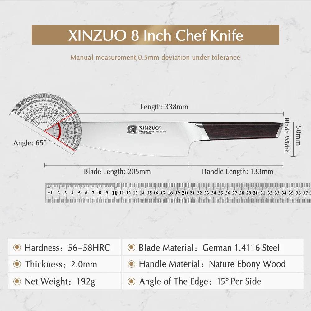 XINZUO 8" Chef Knife DIN 1.4116 Stainless Steel Germany Kitchen Knives Cutting Peeler Vegetable Knife  Ebony Handle Gift Case